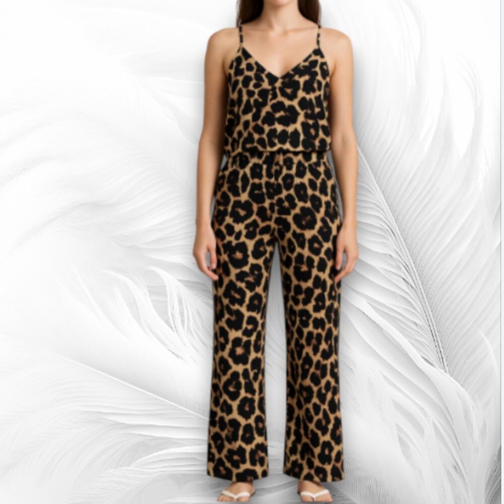 Women's Leopard Print Matching Set – Cami Top & Wide Leg Pants Size: M